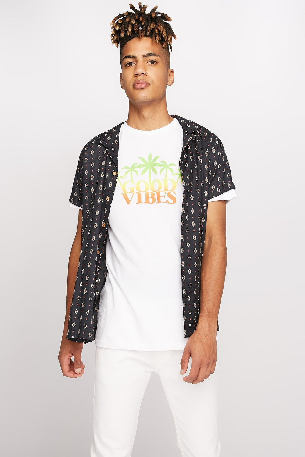Men T-shirt à motif de palmiers et imprimé Good Vibes Blanc