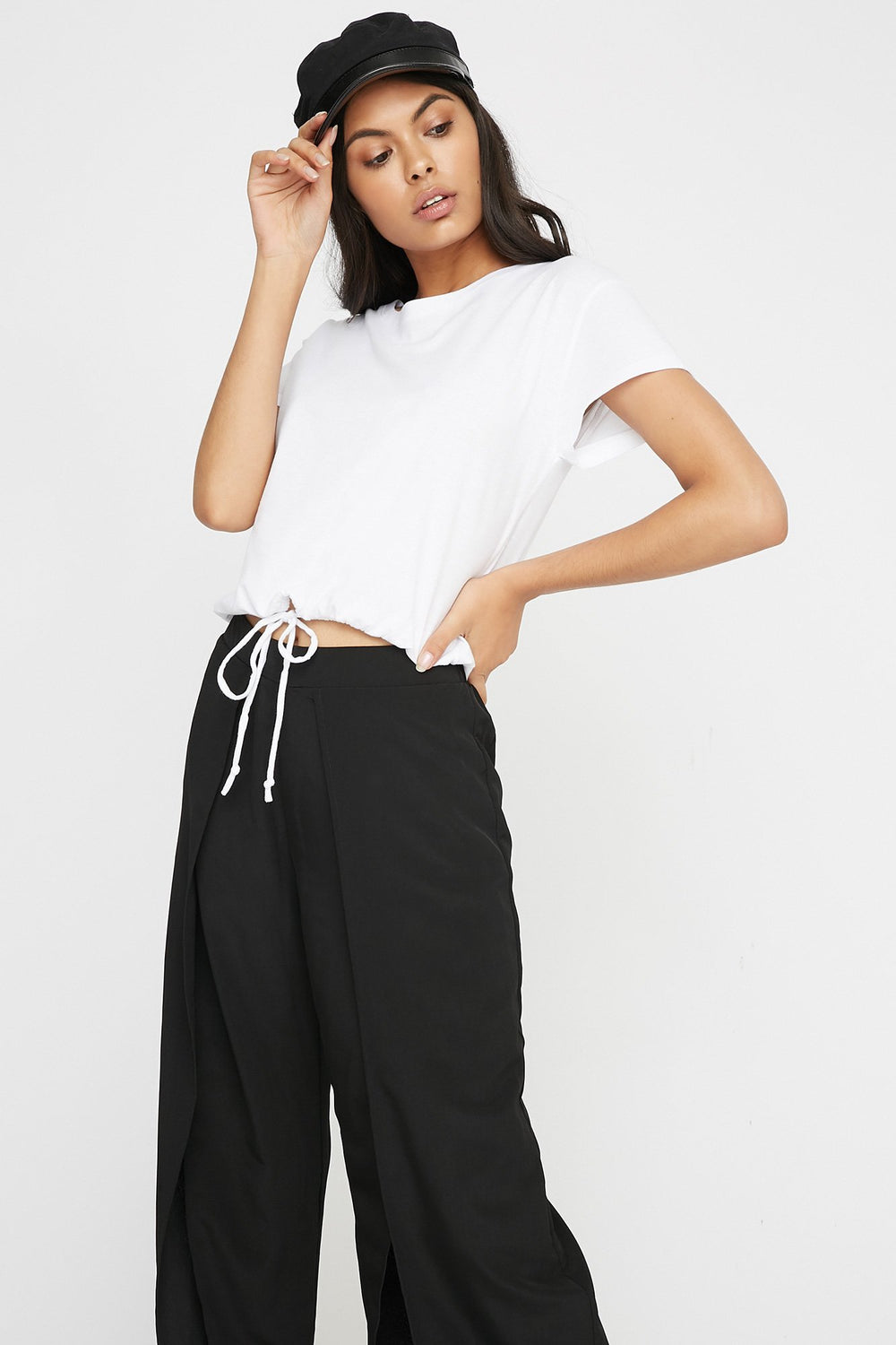 Women T-shirt court cintré à taille coulissante Blanc