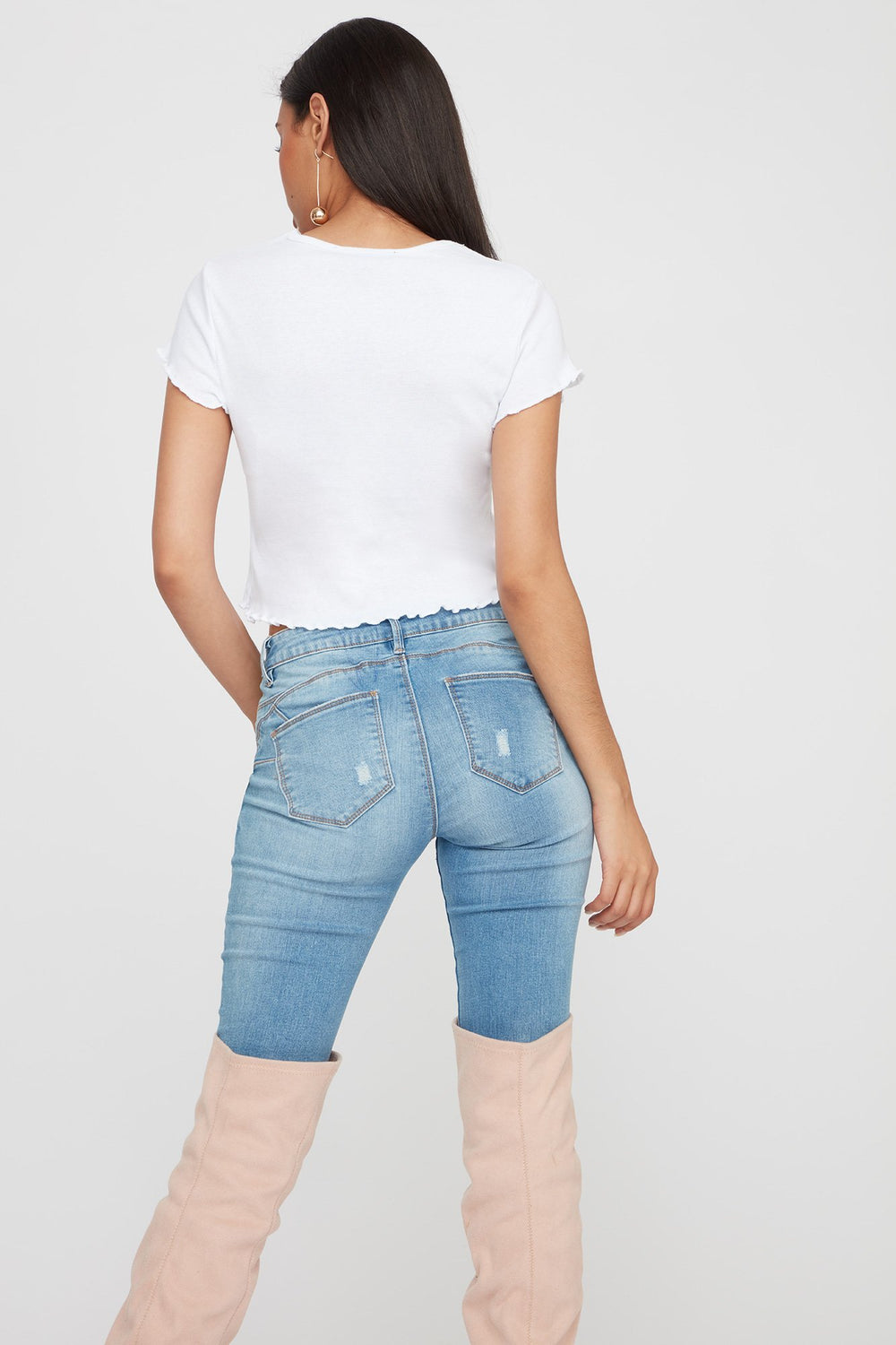 Women T-shirt court côtelé à ourlet volanté Blanc