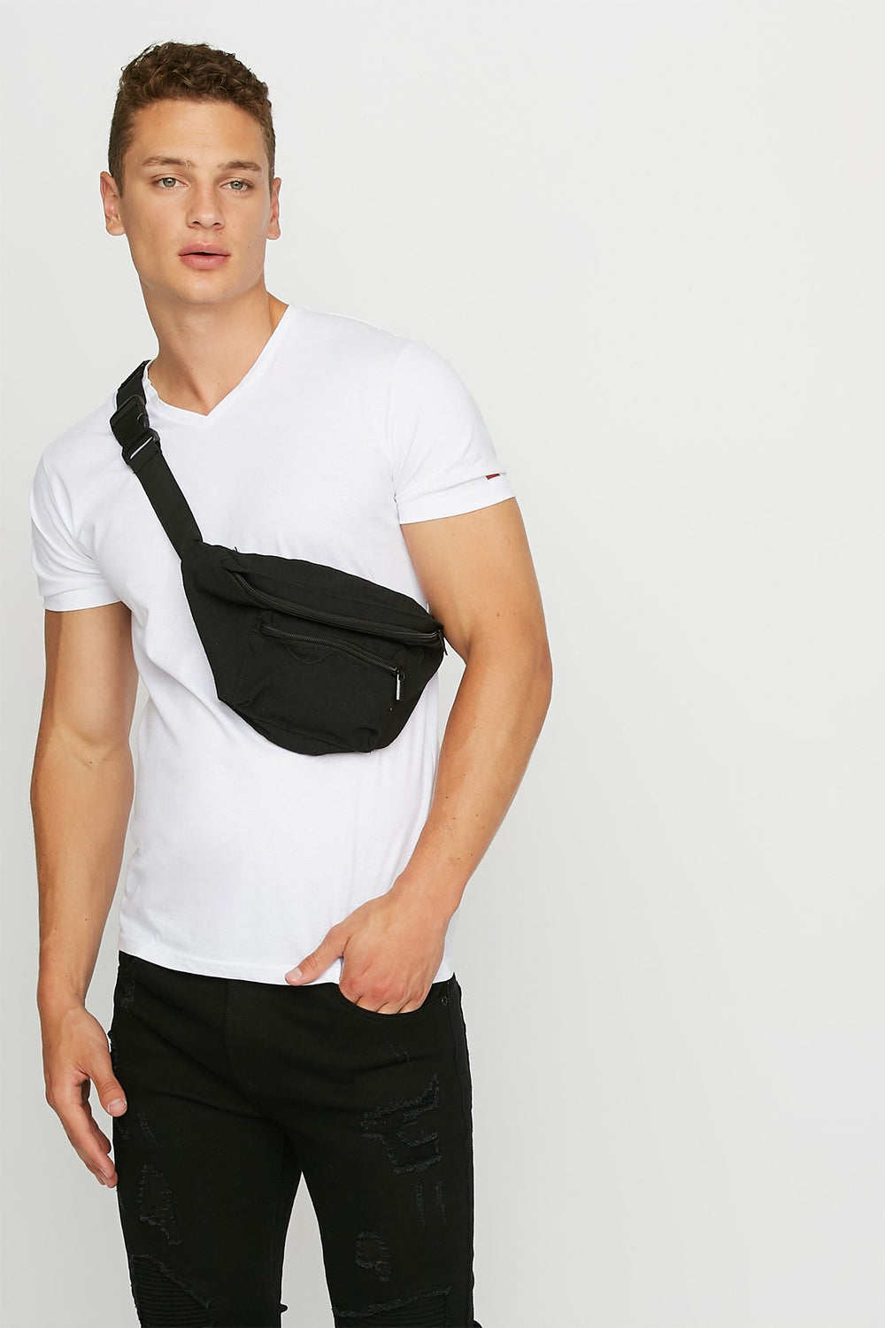 Men T-shirt doux à encolure en V Blanc