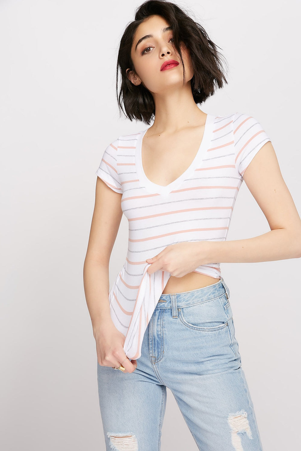 Women T-shirt rayé à encolure en V Blanc