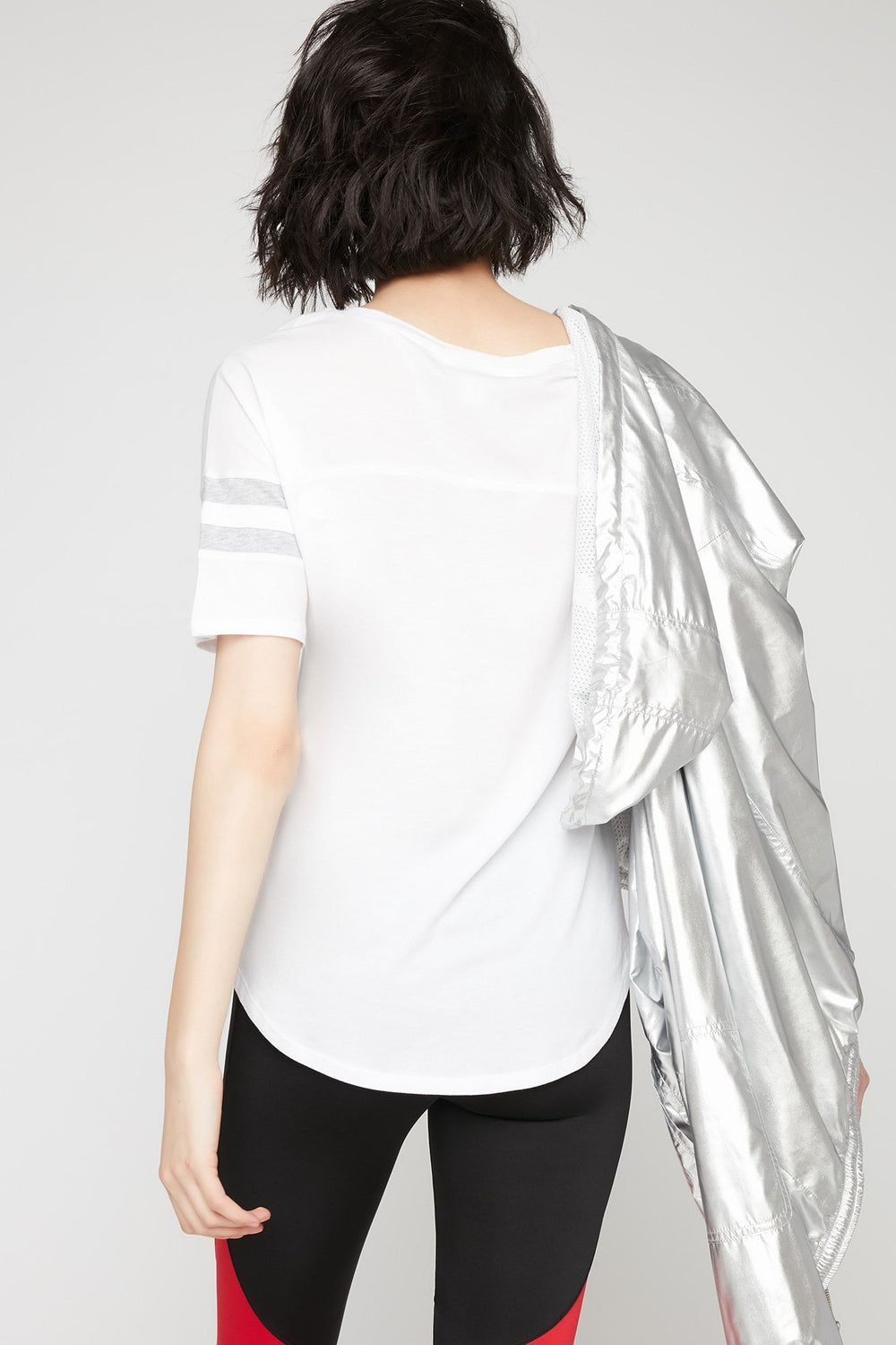 Women T-shirt rayé de style universitaire à encolure en V Blanc