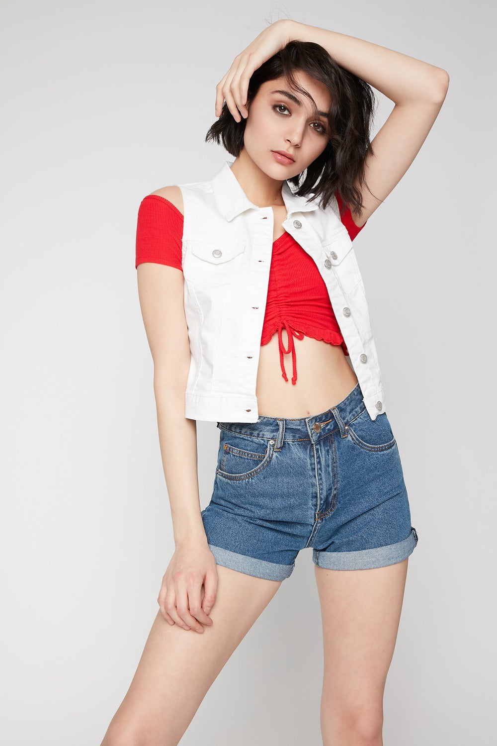 Women Veste courte classique en denim Blanc