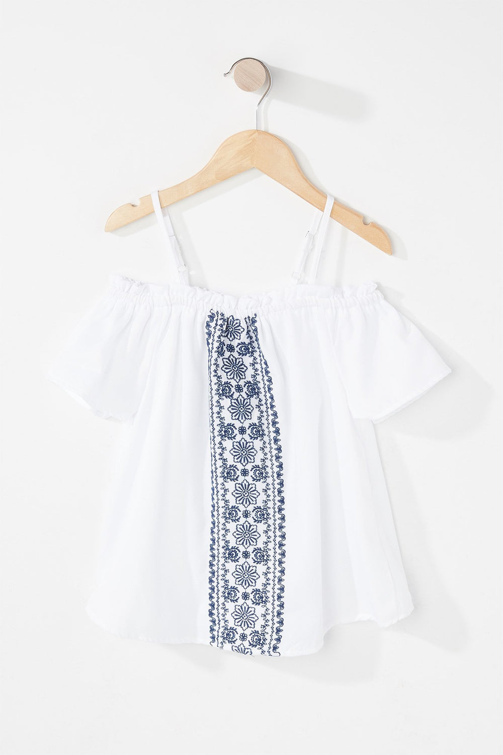 Kids Blouse à manches évasées volantées avec broderies et épaules dénudées pour fille Blanc
