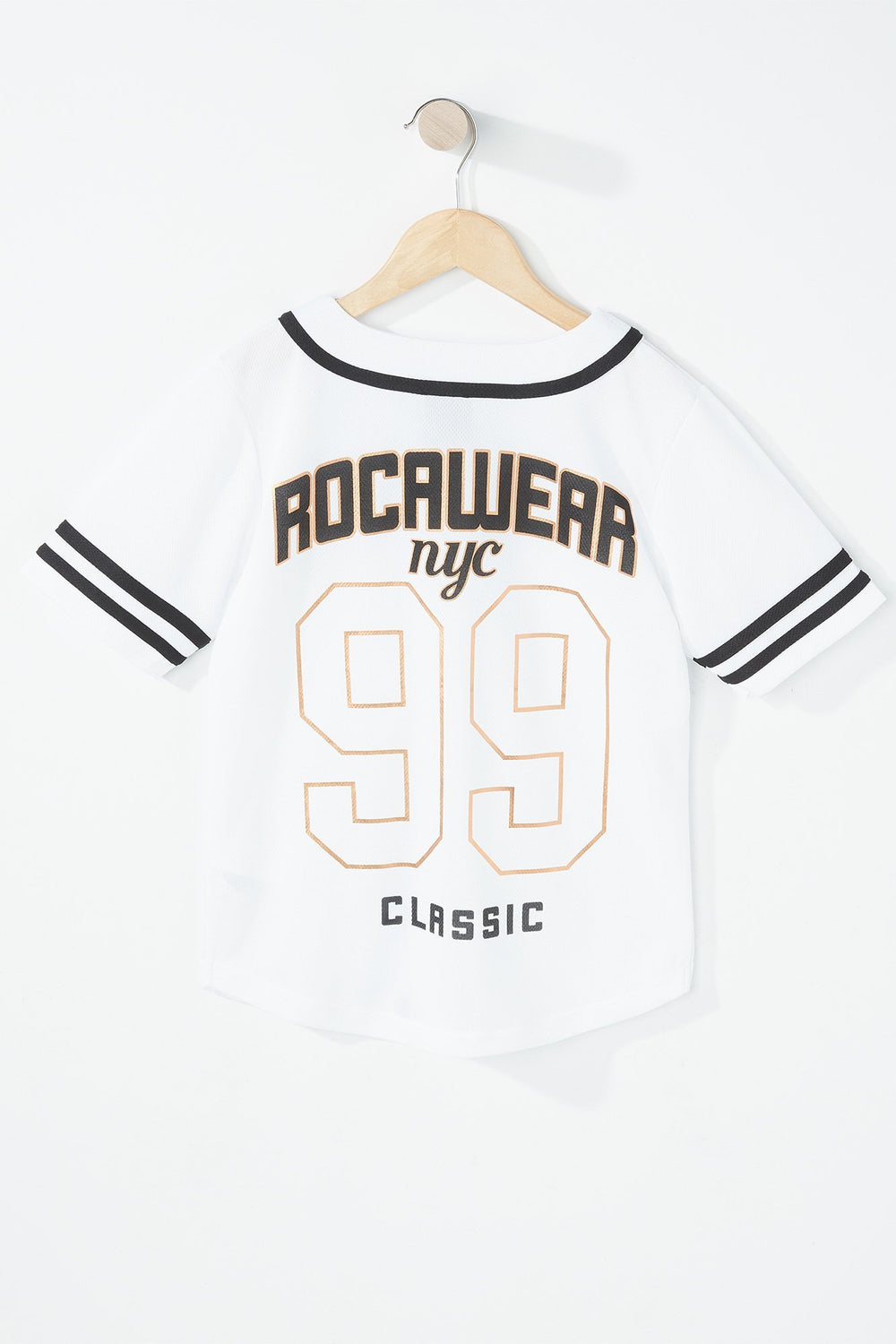 Kids Jersey Rocawear boutonné en filet rayé de style universitaire pour fille Blanc