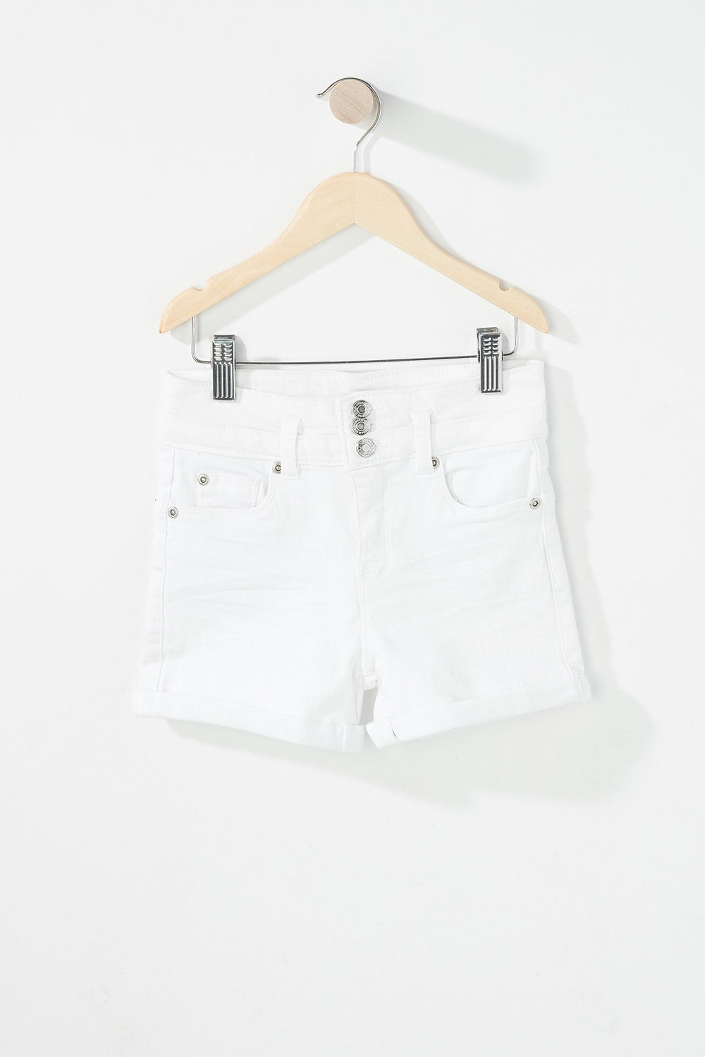 Kids Short en denim à patte de boutonnage triple avec taille haute et revers roulés pour fille Blanc