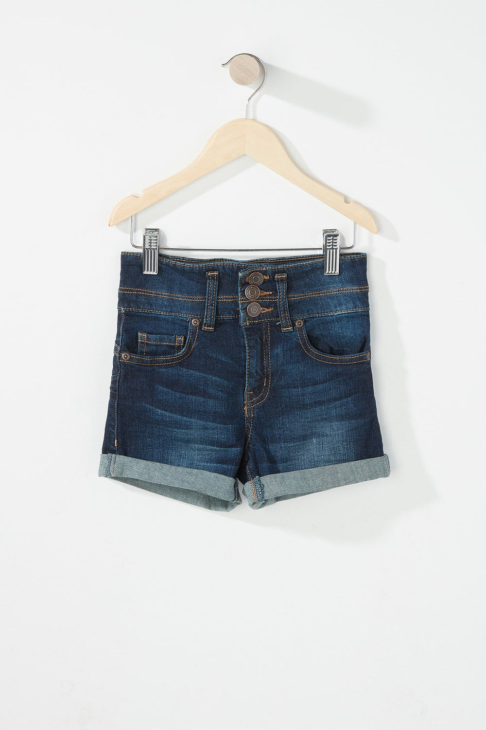 Kids Short en denim à patte de boutonnage triple avec taille haute et revers roulés pour fille Bleu denim foncé