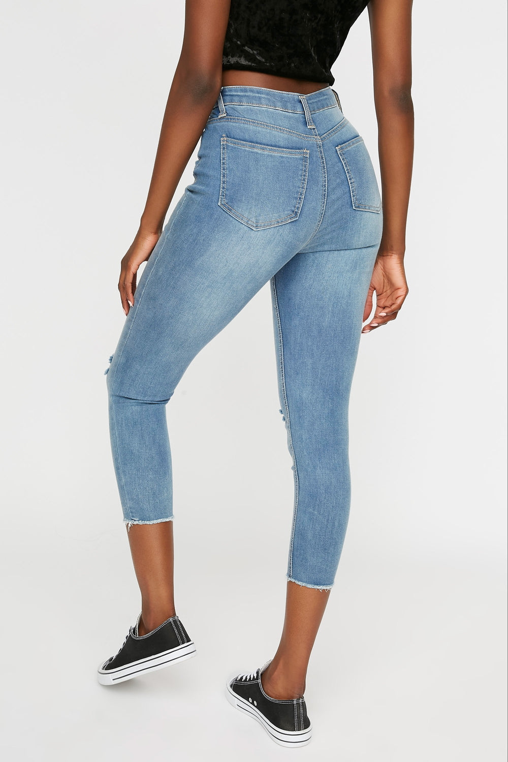 Women Jean court étroit à taille haute avec franges Bleu denim pâle