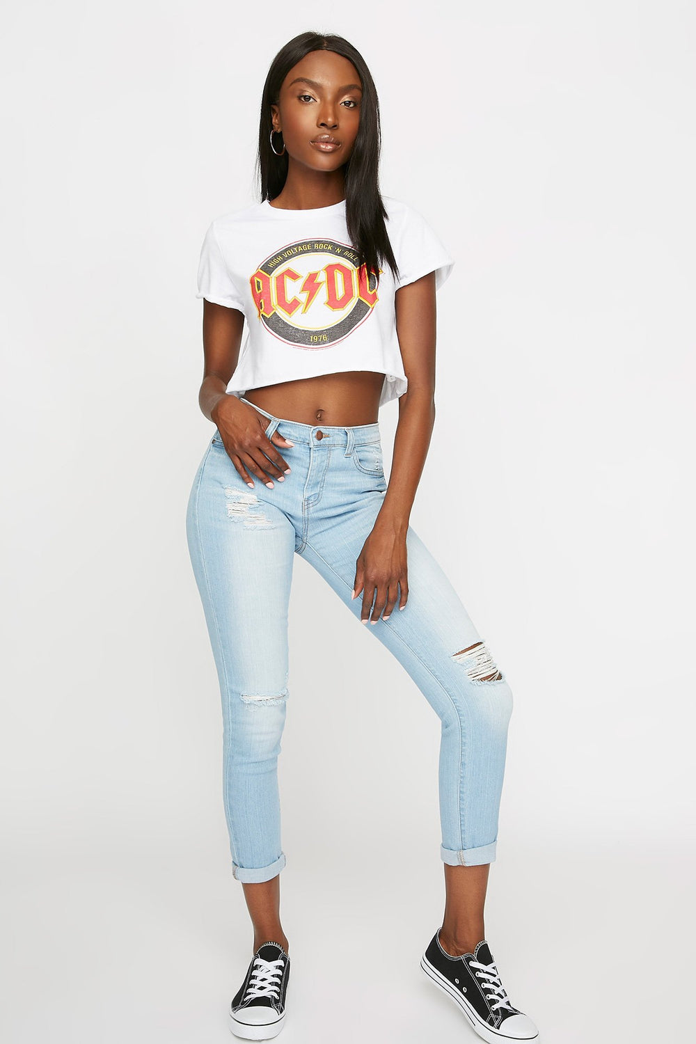 Women Jean étroit d'aspect usé à taille montante et revers roulés Bleu denim pâle