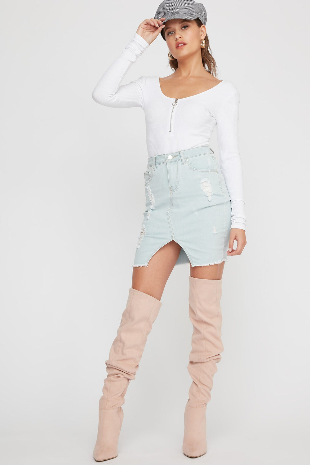 Women Jupe en denim d'aspect usé à taille haute et découpe en V Bleu denim pâle