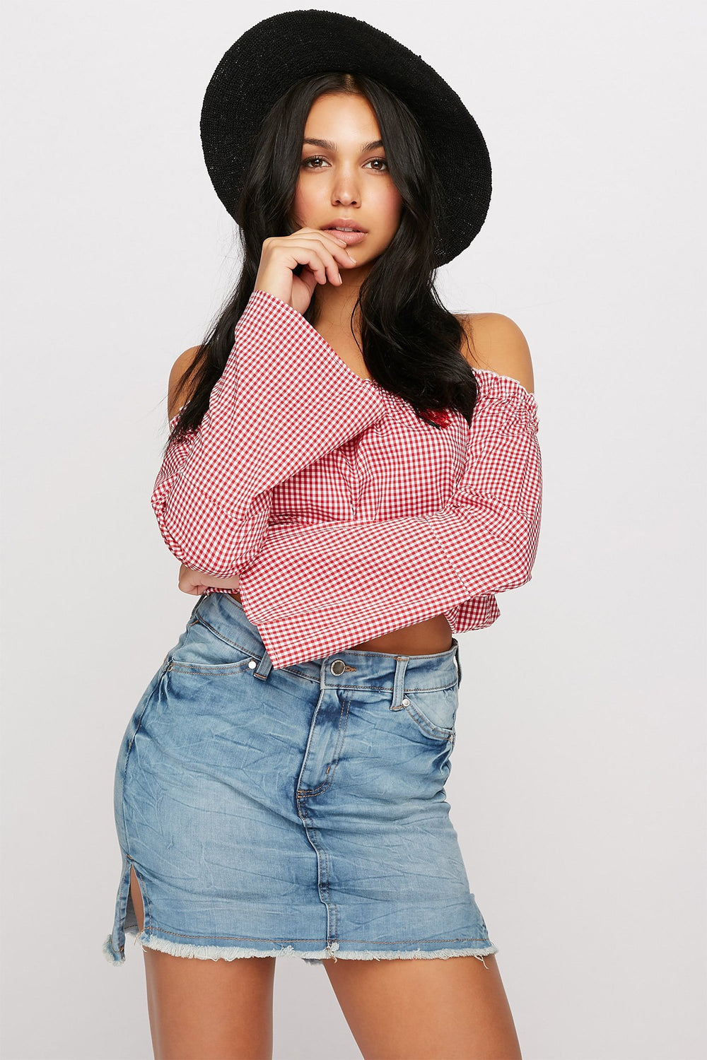Women Minijupe en denim avec fentes latérales et franges Bleu denim pâle