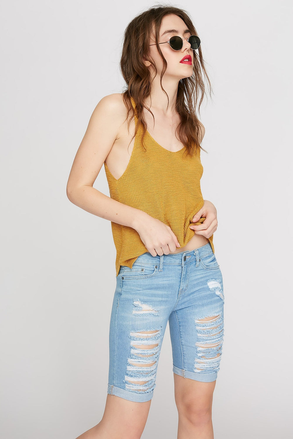Women Bermuda d'aspect usé Bleu denim pâle