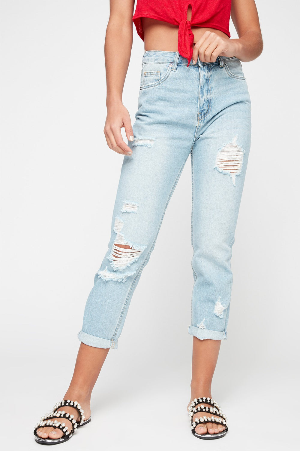 Women Jean de style « Mom » d'aspect usé à taille haute délavé pâle Bleu denim pâle