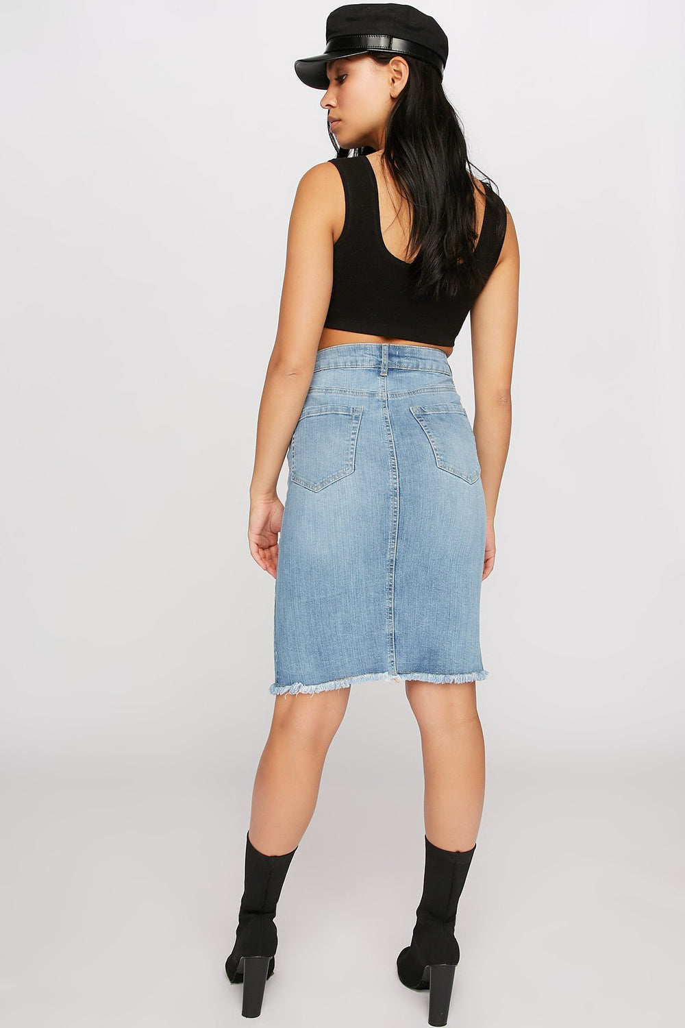Women Jupe midi en denim à taille haute à découpe en V Bleu denim pâle