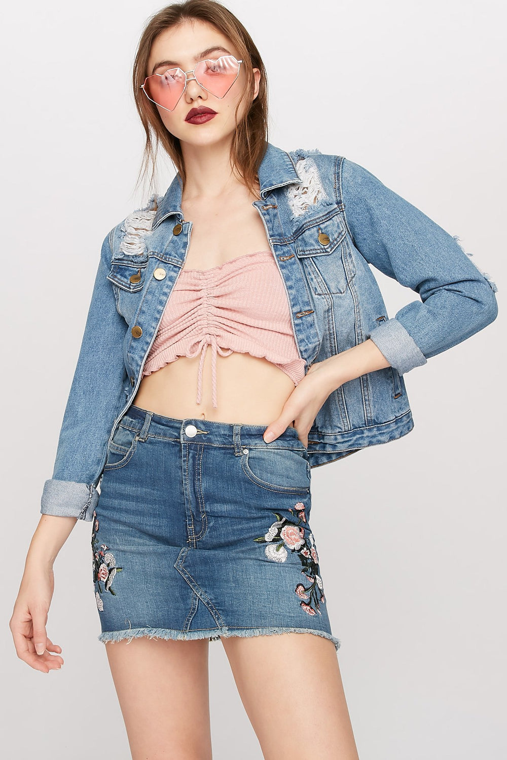 Women Minijupe à taille haute en denim à broderies florales avec franges Bleu denim pâle