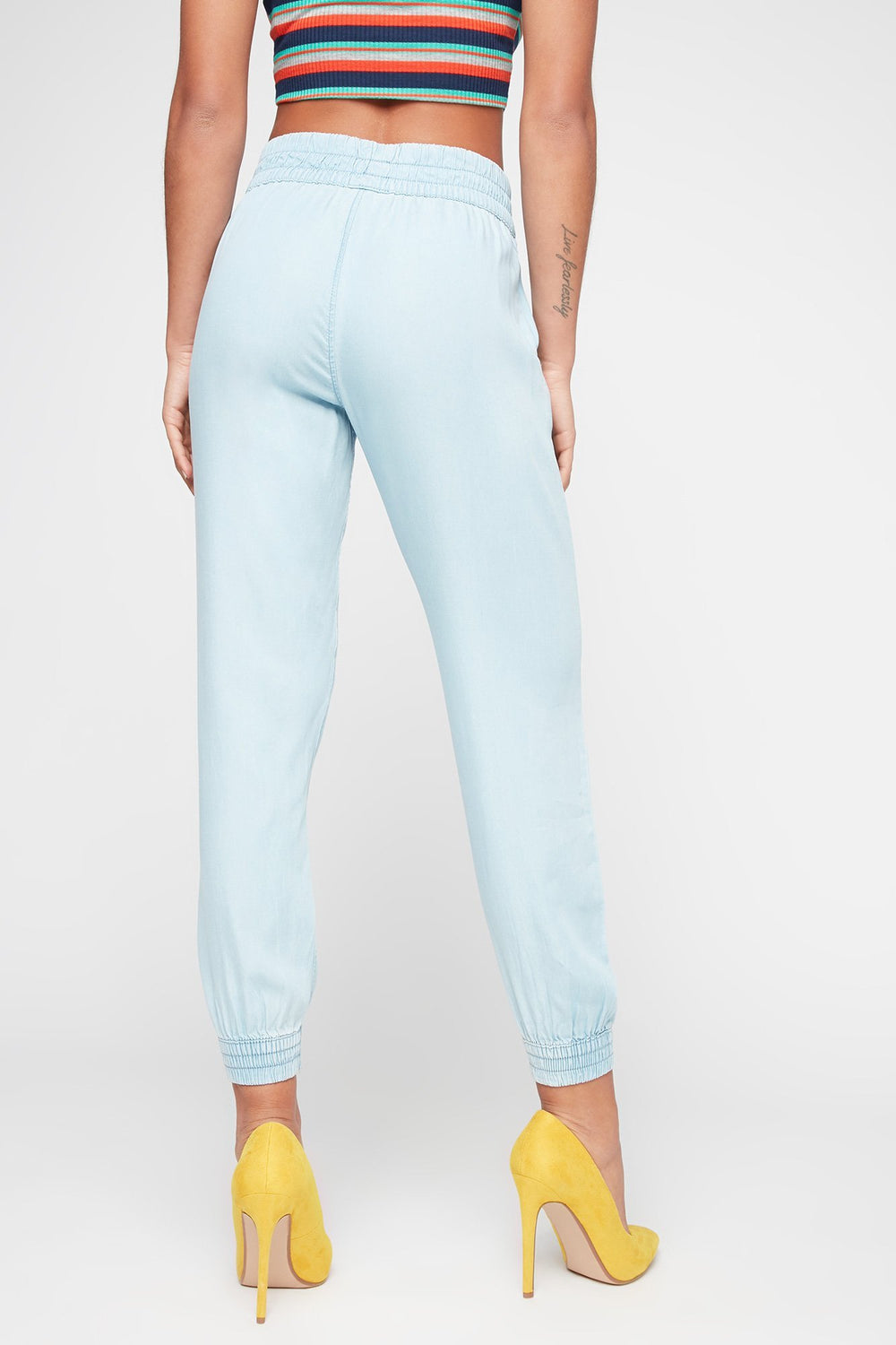 Women Pantalon de jogging en chambray à revers Bleu denim pâle