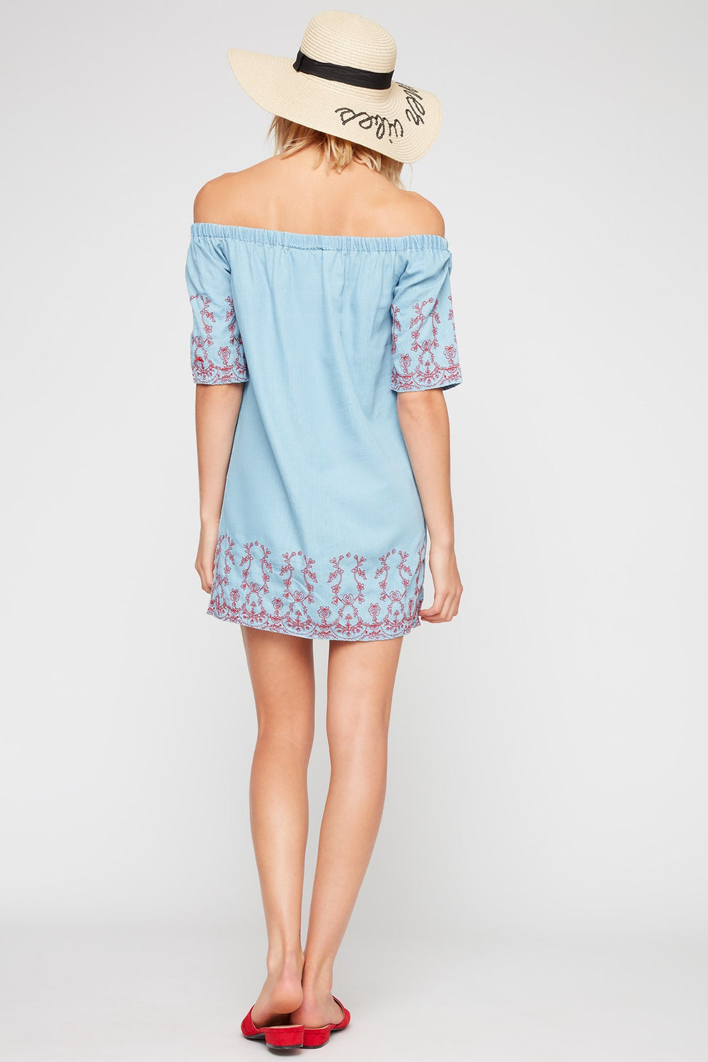 Women Robe en denim à broderies et épaules dénudées Bleu denim pâle