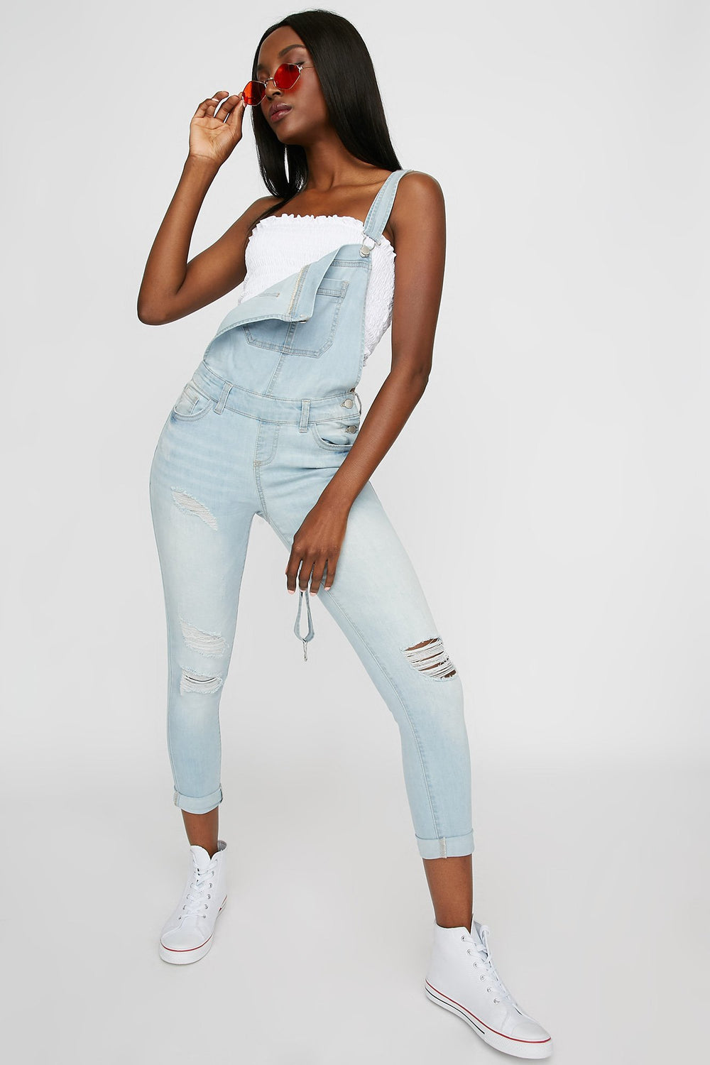 Women Salopette étroite d'aspect usé avec revers roulés Bleu denim pâle