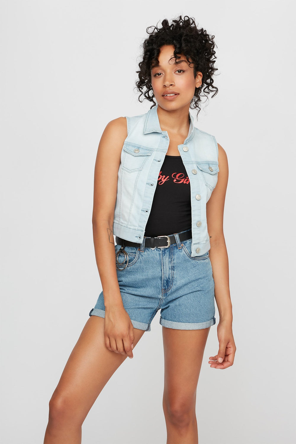 Women Veste courte classique en denim Bleu denim pâle