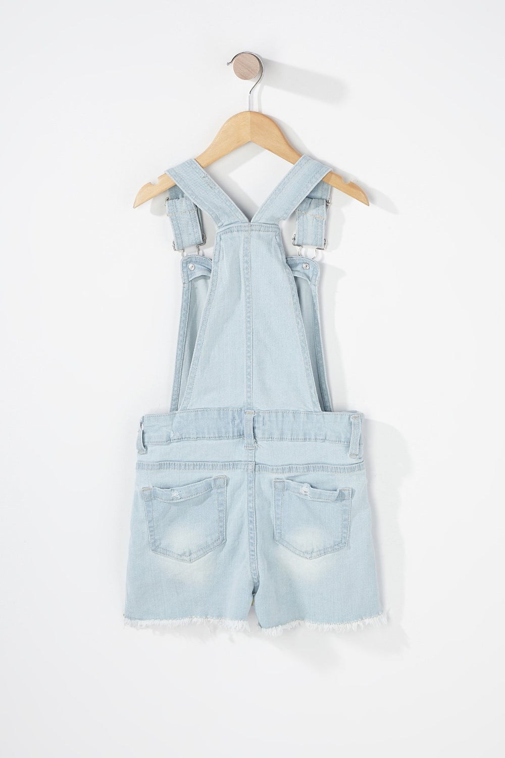 Kids Salopette-short en denim d'aspect usé avec franges pour fille Bleu denim pâle