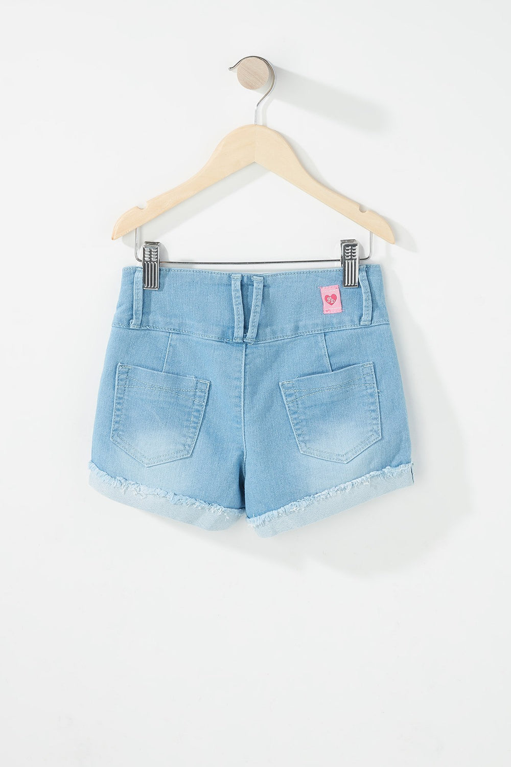 Kids Short en denim à patte de boutonnage triple avec franges et revers roulés pour fille Bleu denim pâle