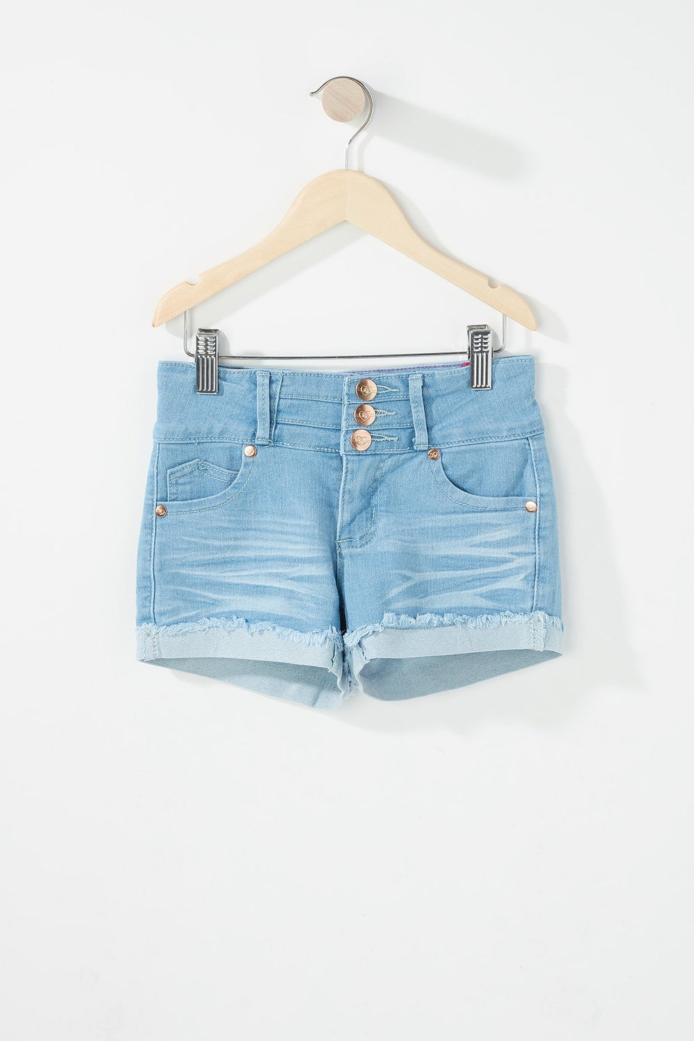 Kids Short en denim à patte de boutonnage triple avec franges et revers roulés pour fille Bleu denim pâle