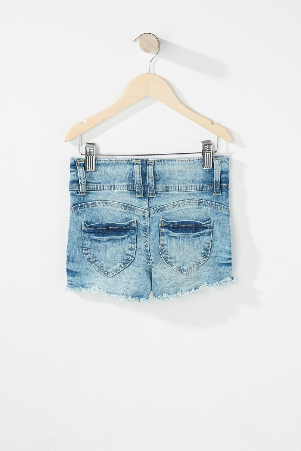 Kids Short en denim à patte de boutonnage truple avec franges pour fille Bleu denim pâle