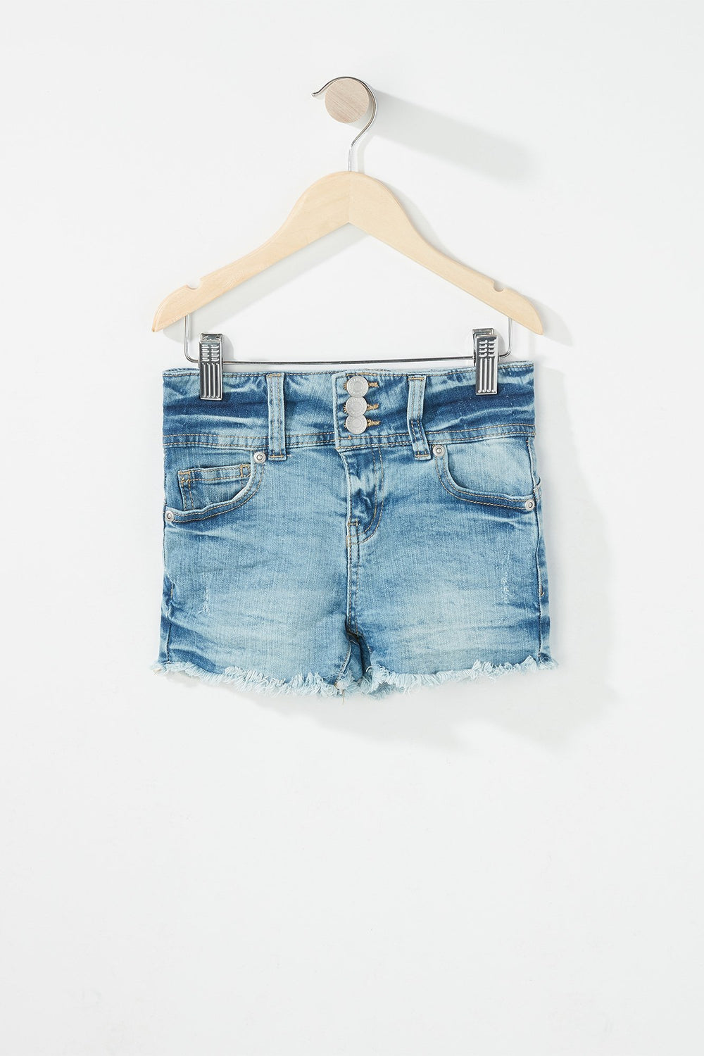 Kids Short en denim à patte de boutonnage truple avec franges pour fille Bleu denim pâle