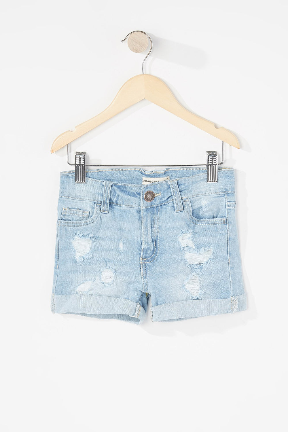 Kids Short en denim d'aspect usé à revers roulés pour fille Bleu denim pâle