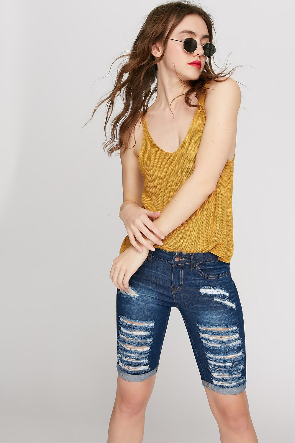Women Bermuda d'aspect usé Bleu denim