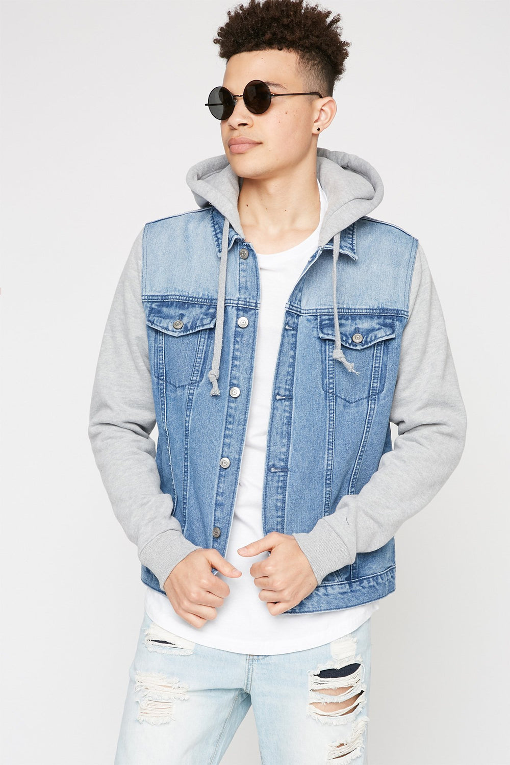 Men Blouson en denim à capuchon en tissu bouclette Bleu denim