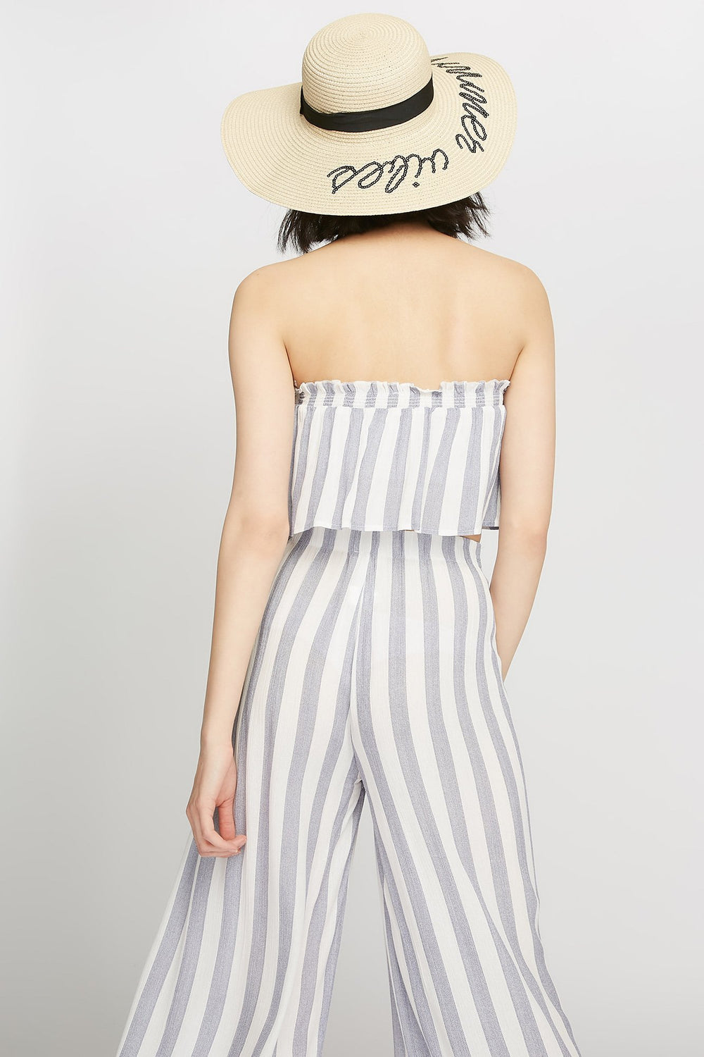 Women Bustier tubulaire volanté rayé Bleu denim