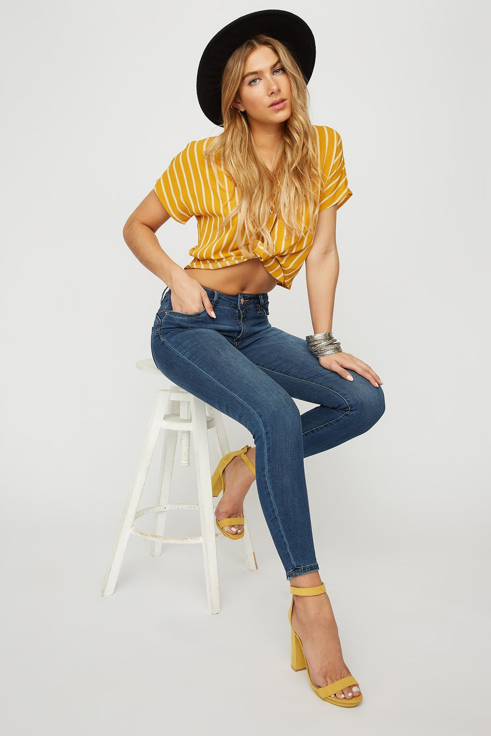Women Jean étroit remonte-fesses Rio à taille basse délavé foncé Bleu denim