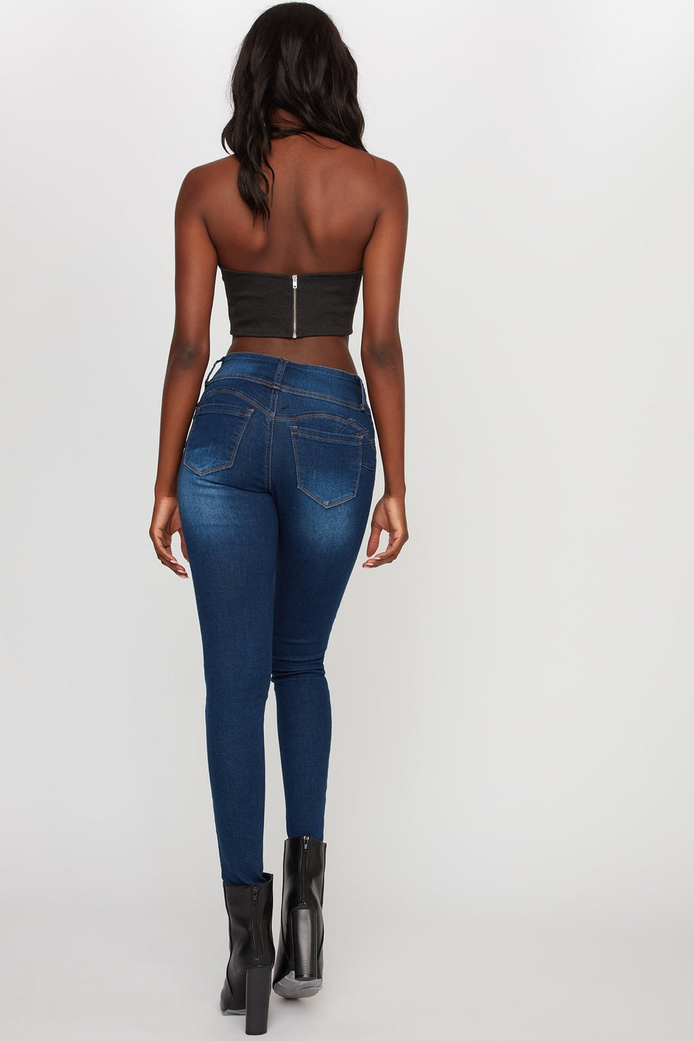 Women Jean remonte-fesses étroit avec patte de boutonnage triple Bleu denim