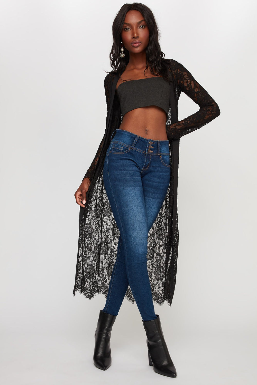 Women Jean remonte-fesses étroit avec patte de boutonnage triple Bleu denim