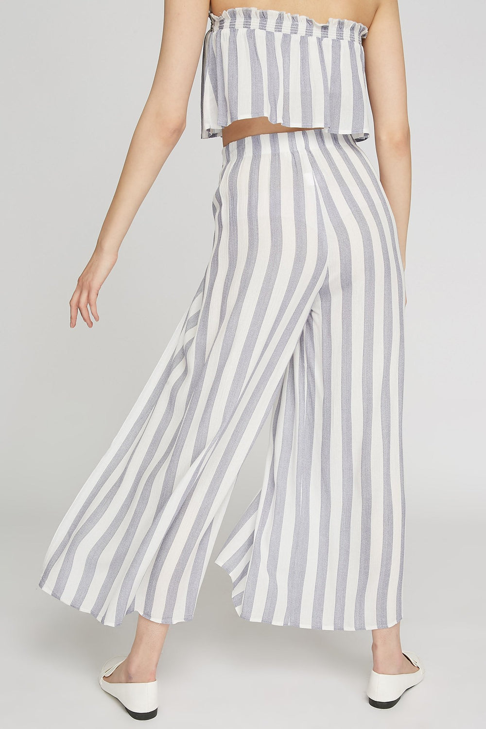 Women Jupe-pantalon rayée à taille haute avec fentes et attache Bleu denim