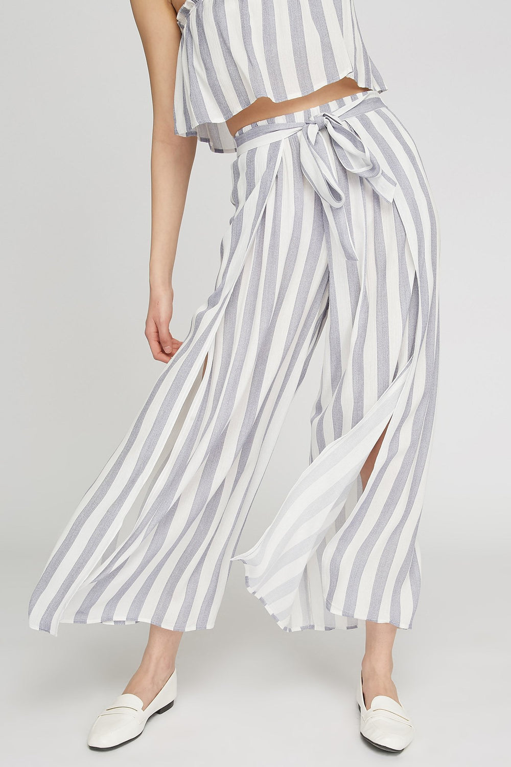 Women Jupe-pantalon rayée à taille haute avec fentes et attache Bleu denim