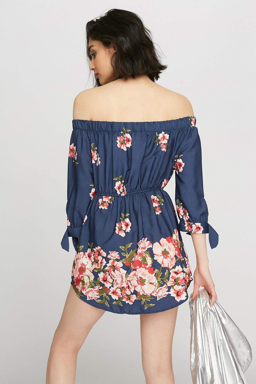 Women Minirobe fleurie à manches longues à épaules dénudées avec attache Bleu denim