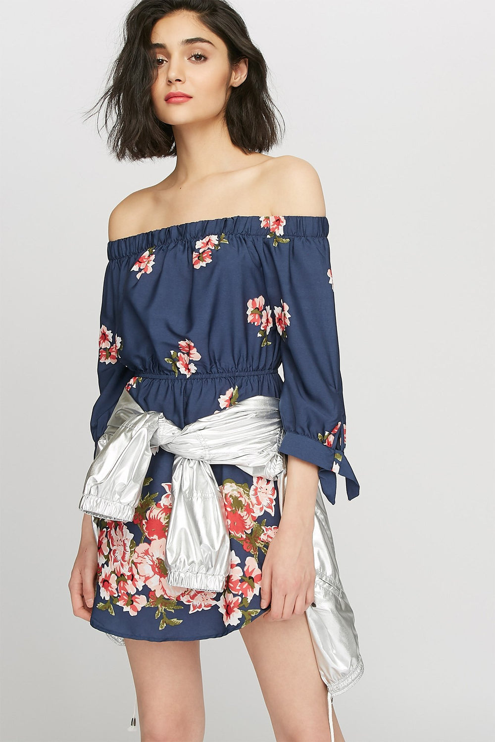 Women Minirobe fleurie à manches longues à épaules dénudées avec attache Bleu denim