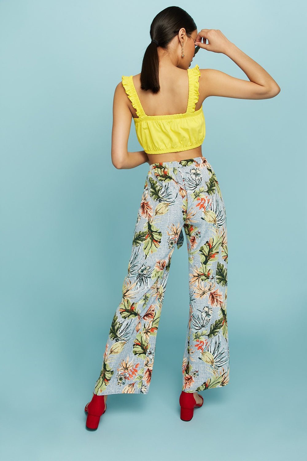 Women Palazzo à taille haute avec motif tropical et attache Bleu denim
