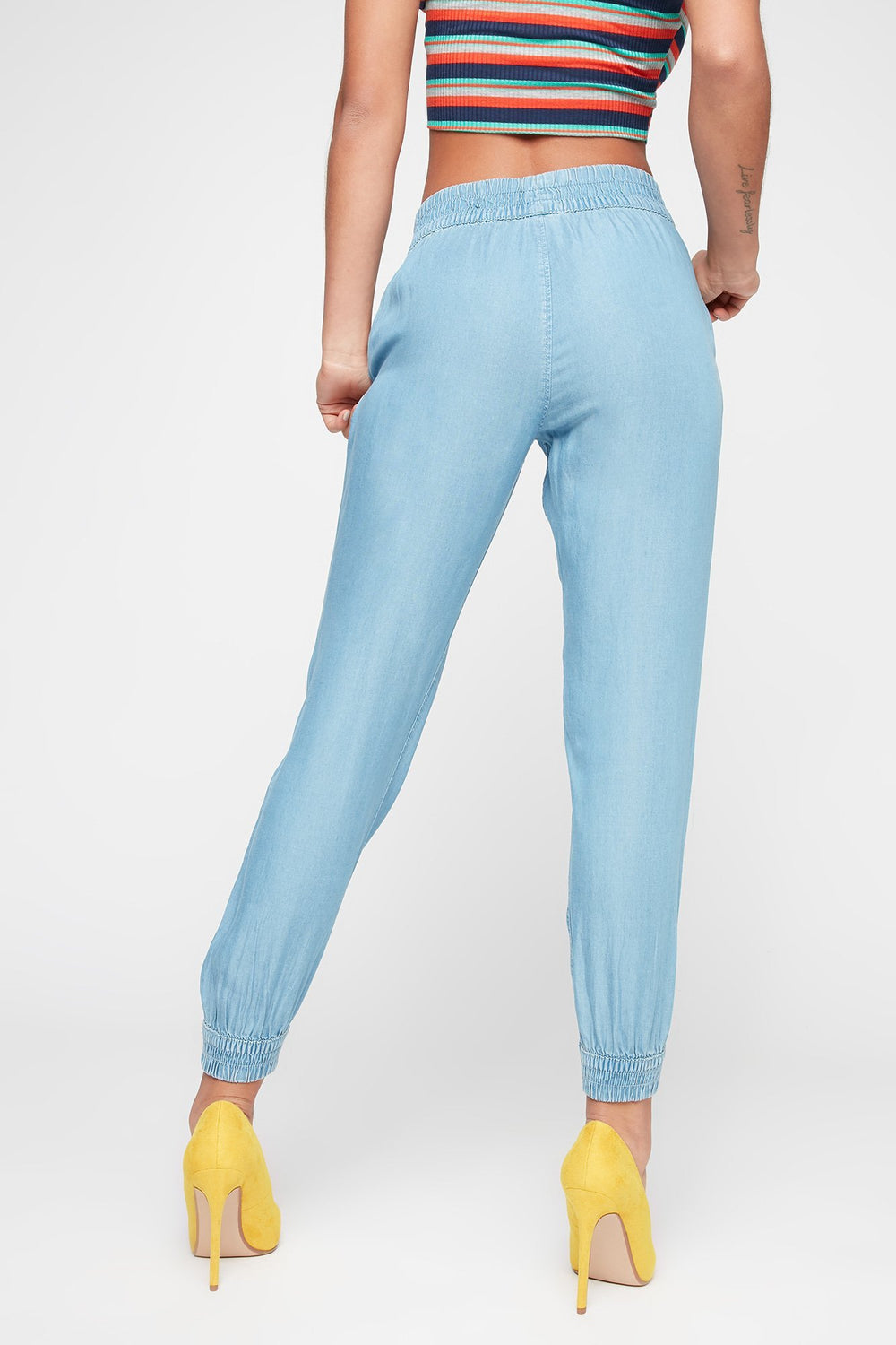 Women Pantalon de jogging en chambray à revers Bleu denim