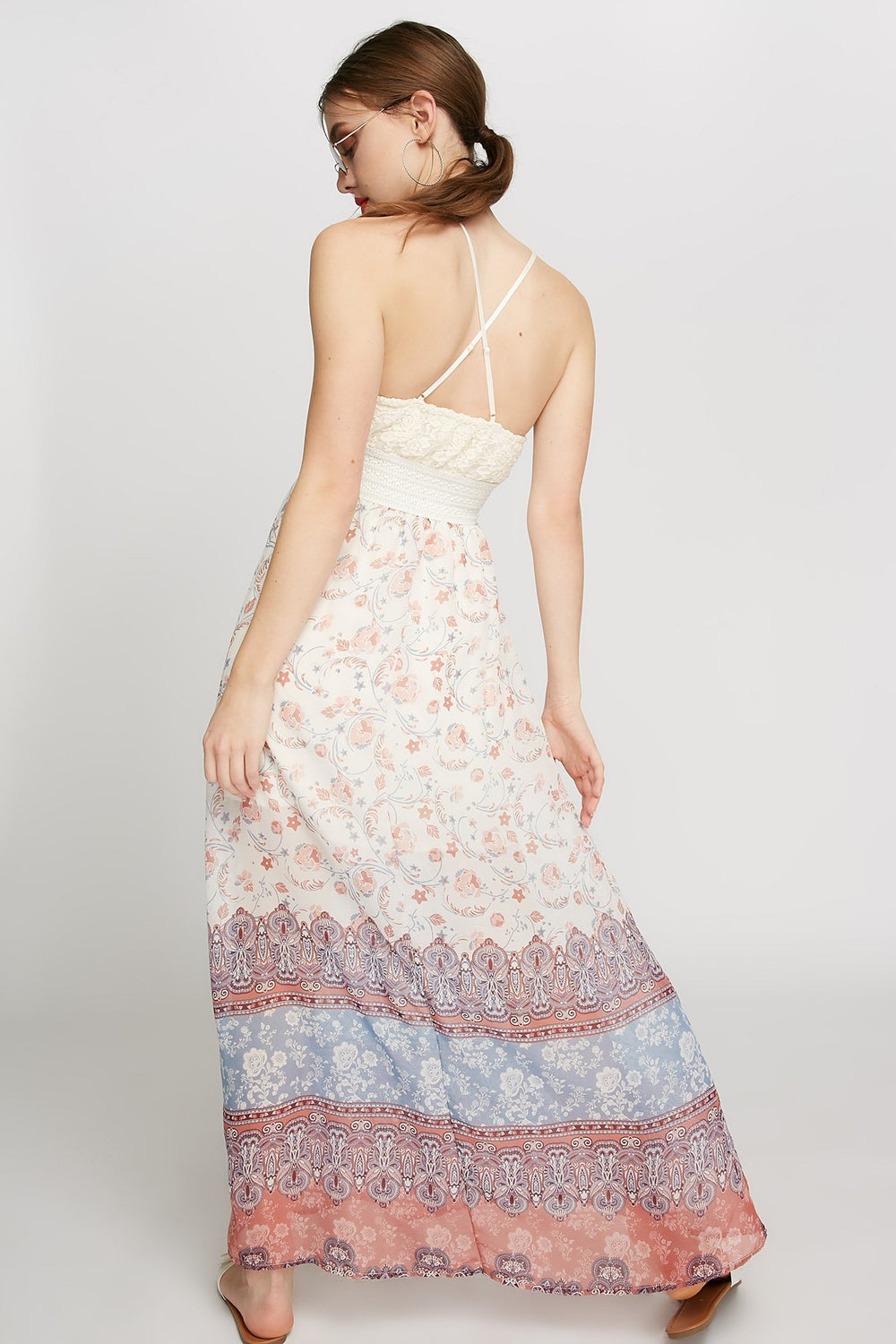 Women Robe maxi imprimée crochetée à motif tribal Bleu denim