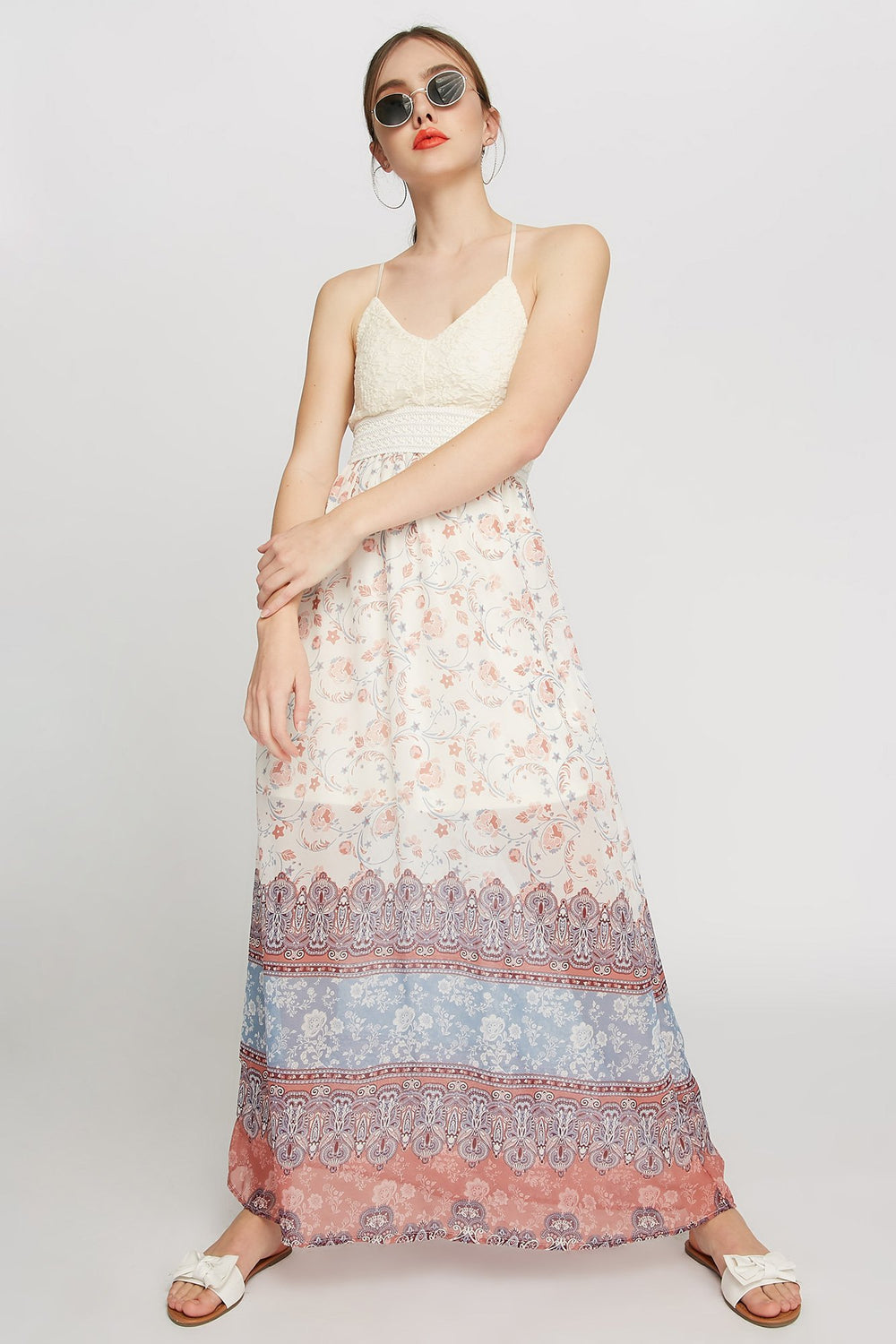 Women Robe maxi imprimée crochetée à motif tribal Bleu denim