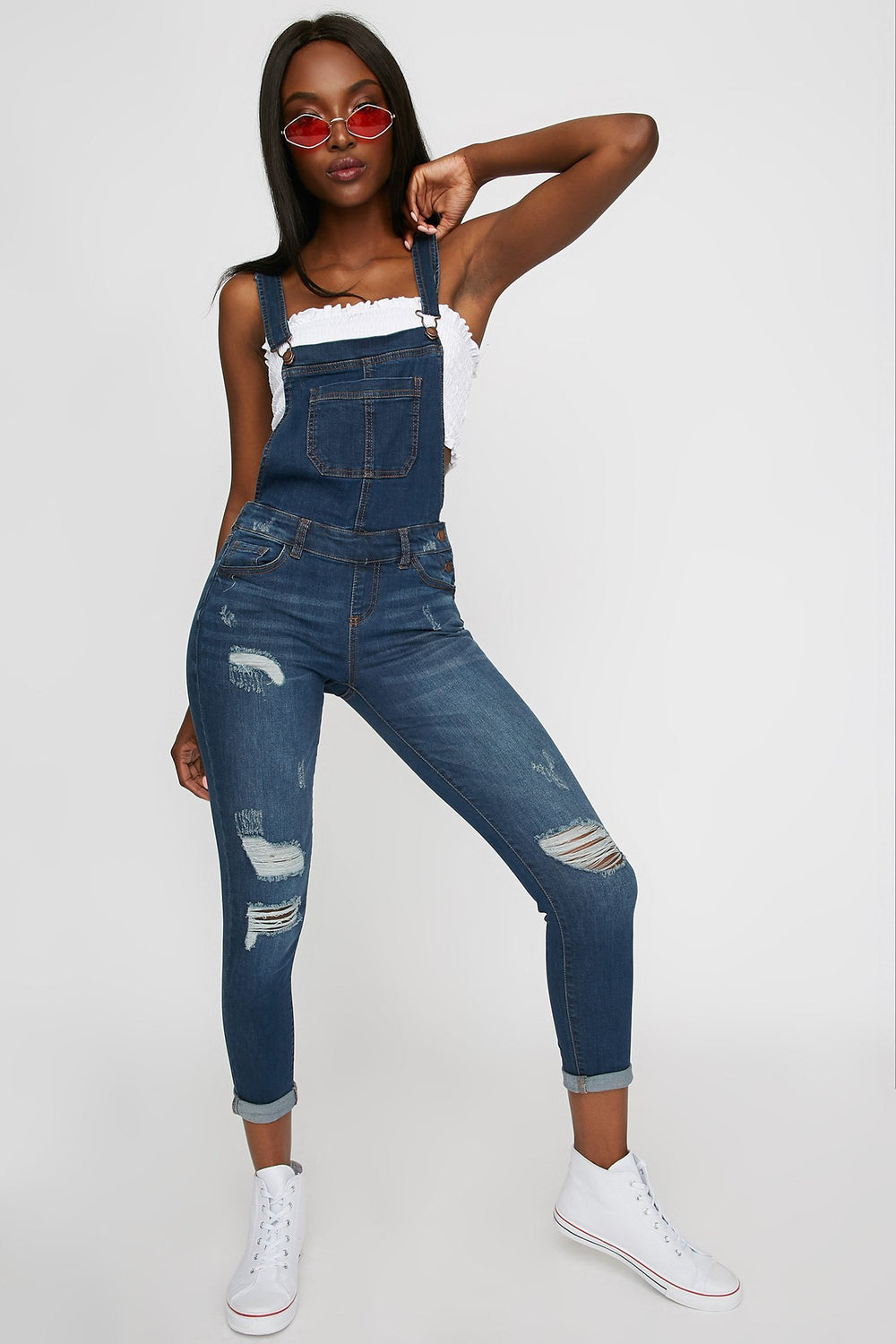 Women Salopette étroite d'aspect usé avec revers roulés Bleu denim
