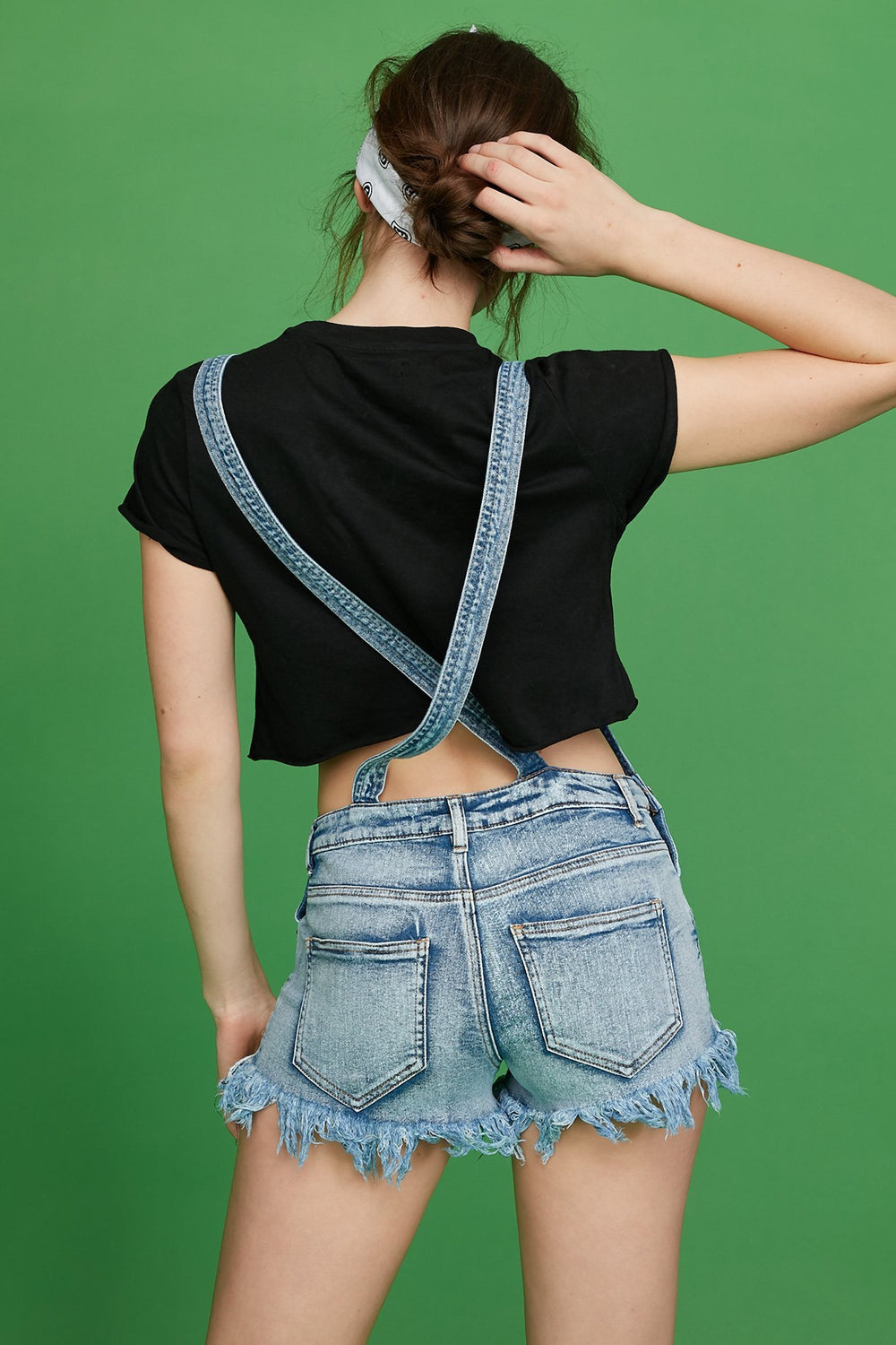 Women Salopette-short en denim d'aspect usé avec franges Bleu denim