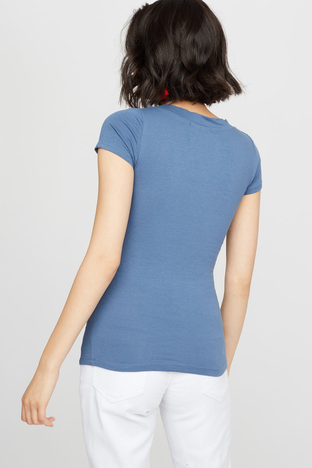 Women T-shirt de bas à encolure en V Bleu denim