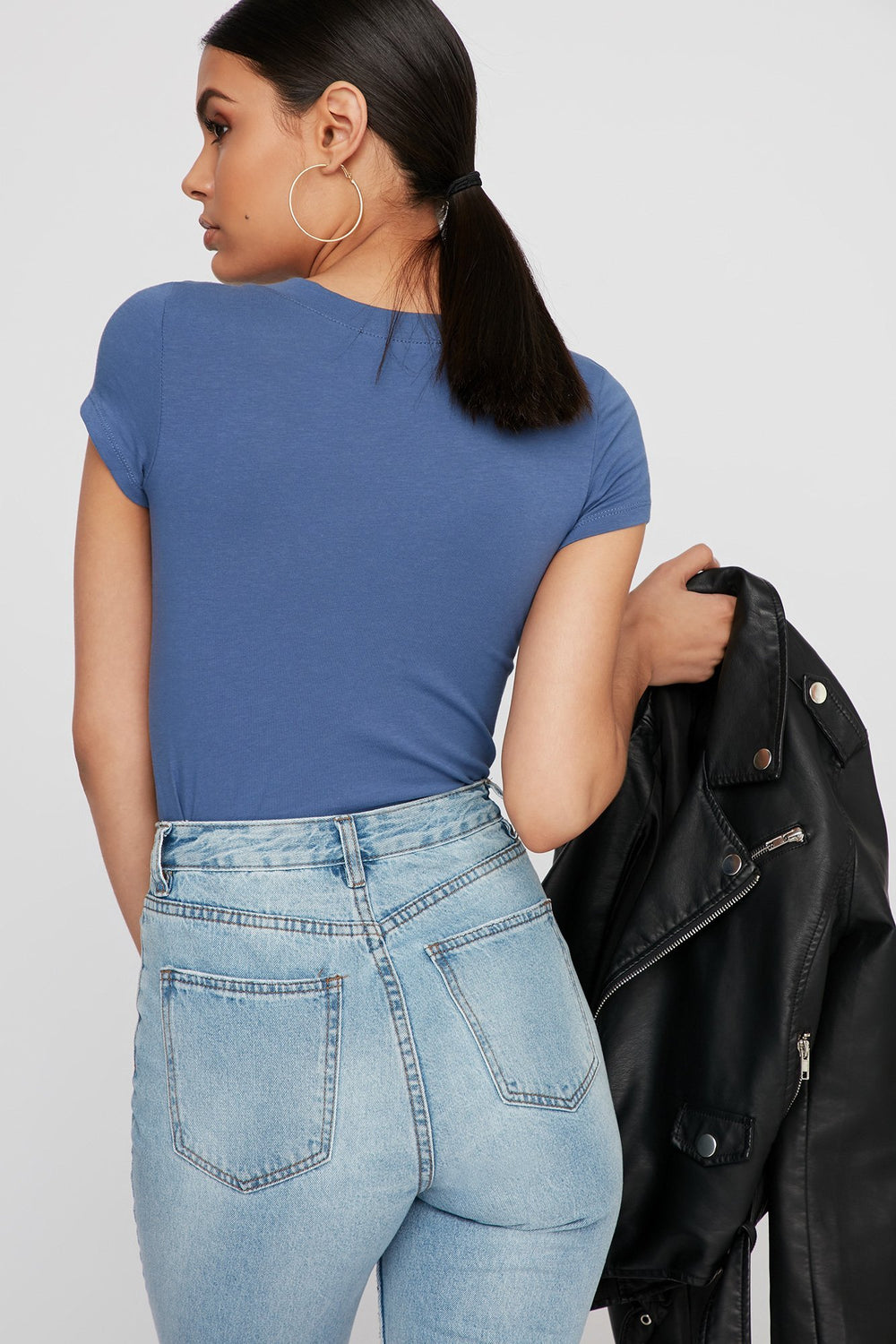 Women T-shirt de base à encolure en V Bleu denim