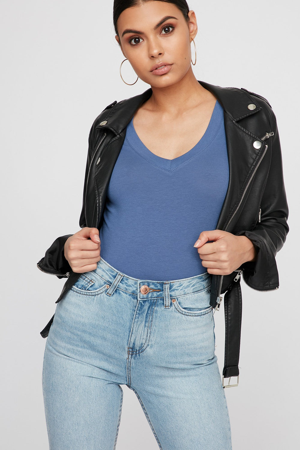 Women T-shirt de base à encolure en V Bleu denim