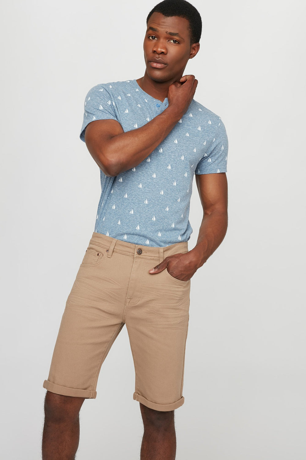 Men T-shirt henley à petits motifs Bleu denim