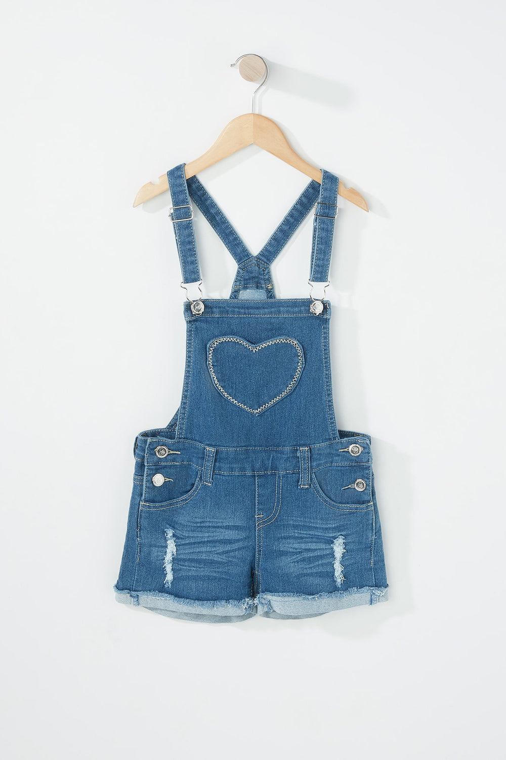 Kids Salopette-short en denim d'aspect usé avec cur scintillant pour fille Bleu denim